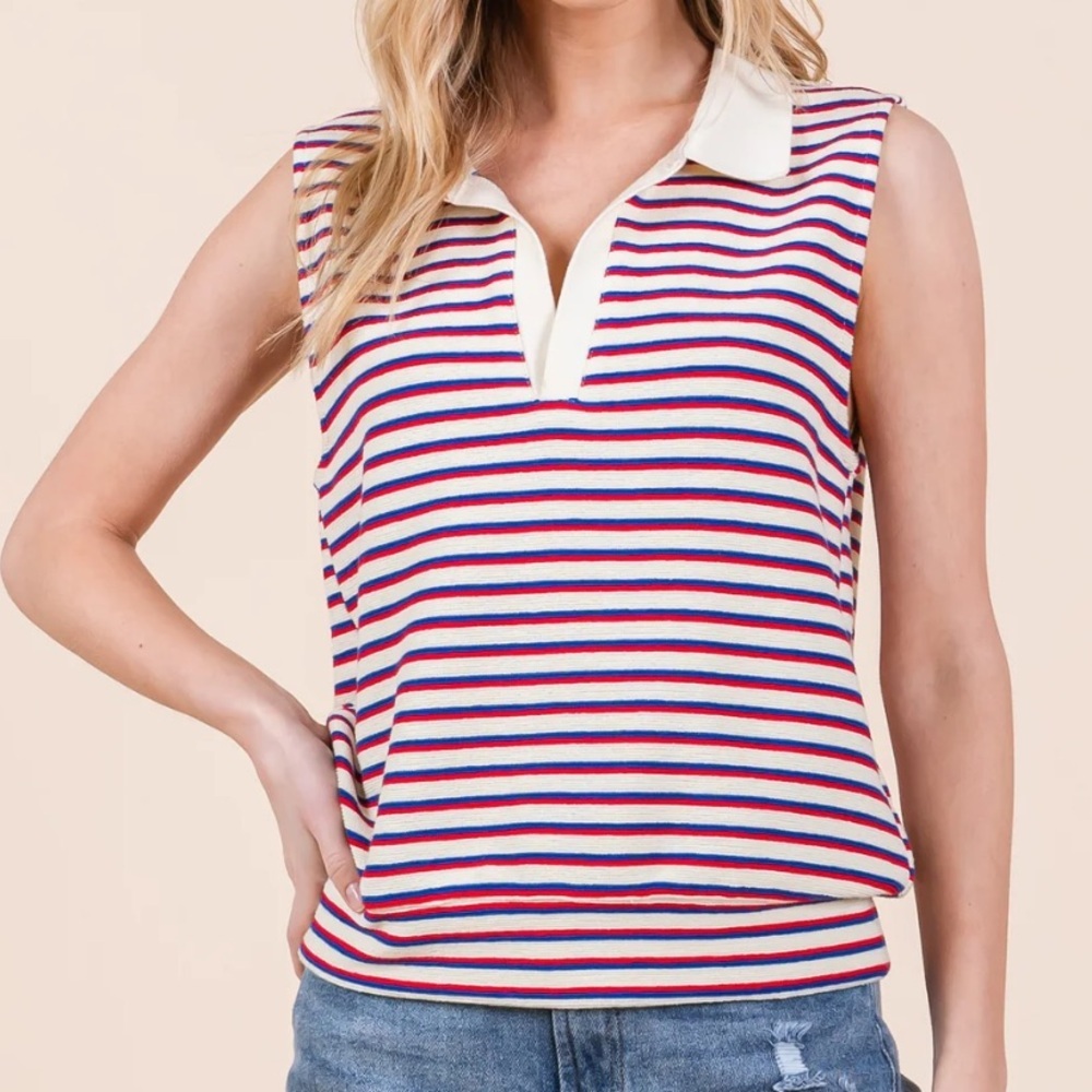 Ott striped Terri polo shirt split‎ collar top ivory red blue striped Sz M
